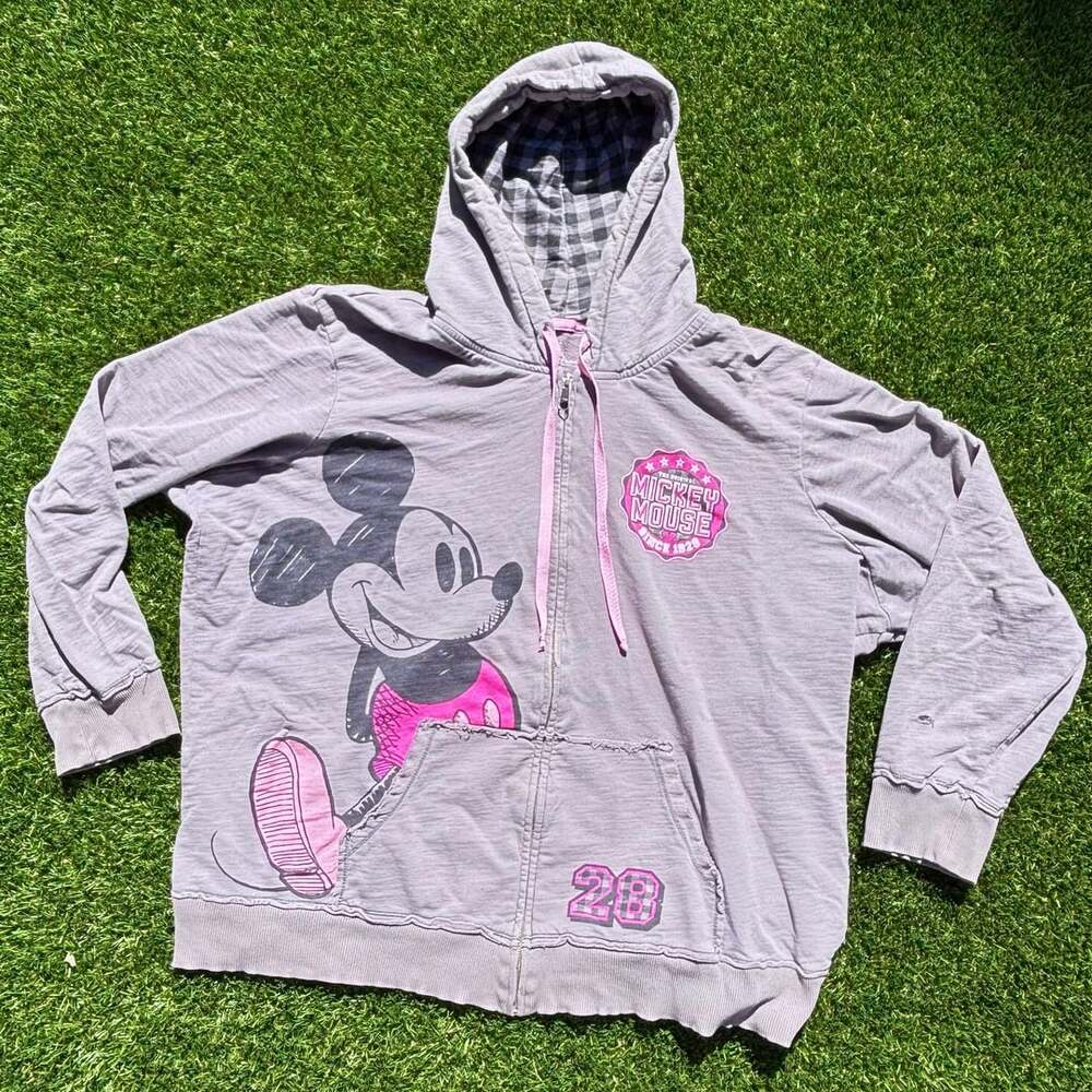 Y2K Disney Mickey Mouse Zip Hoodie Size 3X Gray Pink Checkered